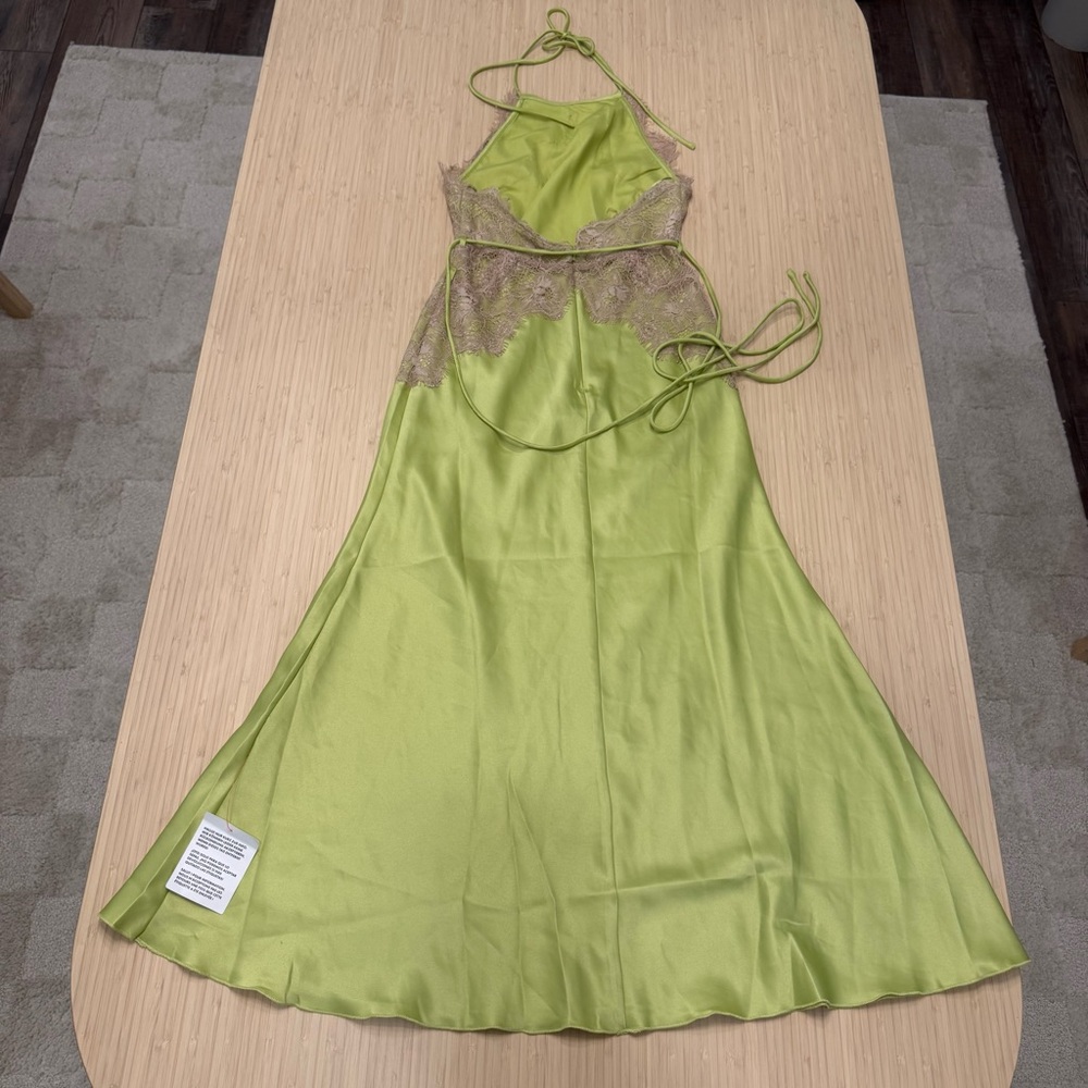 ASOS Lime Green taupe tan lace silky halter Midi Dress - Picture 7 of 9